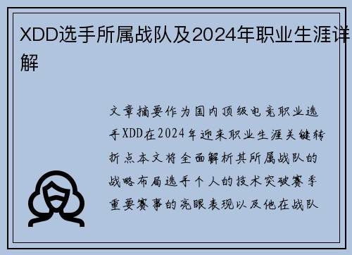 XDD选手所属战队及2024年职业生涯详解
