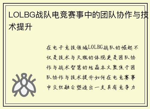 LOLBG战队电竞赛事中的团队协作与技术提升